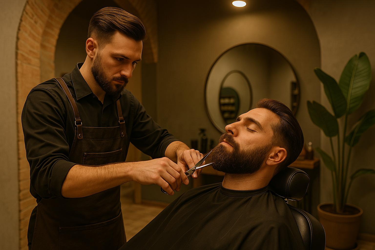 Barbiere professionista rifinisce la barba presso Feivèr Barber a Treviglio.